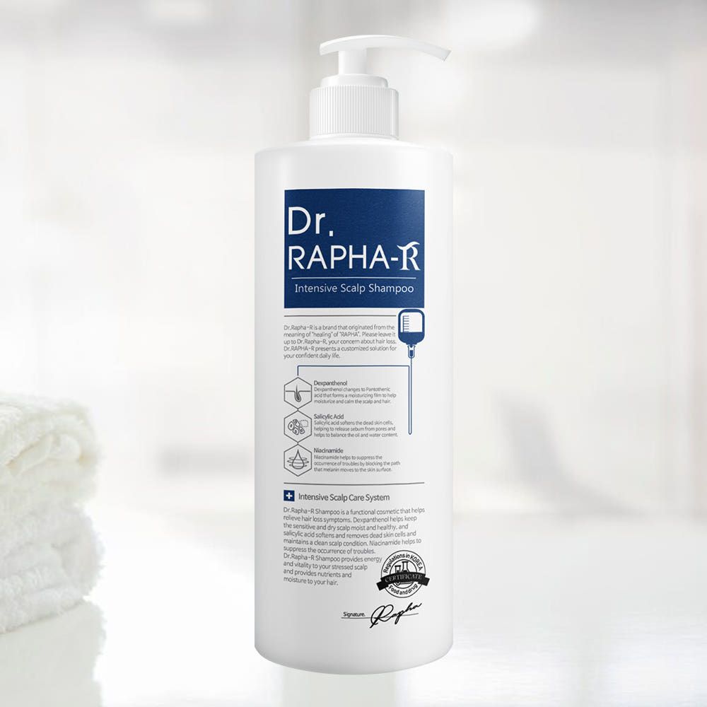 Dr.RAPHA-R Blue Anti-Hair Loss Shampoo 1L – Hair Cycle Restoring Formula with Zinc Pyrithione, Niacinamide, Salicylic Acid, Menthol, Heartleaf, Micellar Cleansing, pH 5.0–6.0 _ Made in KOREA